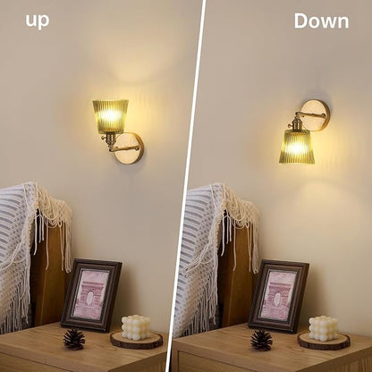 Shenmoyl Vintage Wall Sconces Set of 2 with Green Stripe Glass Lampshade 180 Degree Adjustable Brass Sconces Hradwired Modern Wall Lighting Fixture with Switch for Bedside Bedroom Doorway