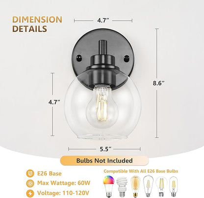 Black Bathroom Vanity Lights, 1-Light Wall Sconce with Glass Globe Shade, Vanity Lighting for Bathroom/Bedroom/Dressing Room, Vertical/Horizontal Mounted, E26 Bulb Base (Bulb Not Included)