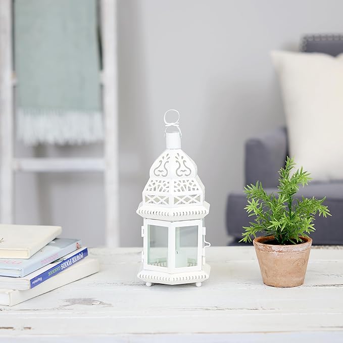 Zingz & Thingz Moroccan Style Candle Lantern Holder, Decorative Light Home Decor, Indoor & Outdoor, 13" Tall, White