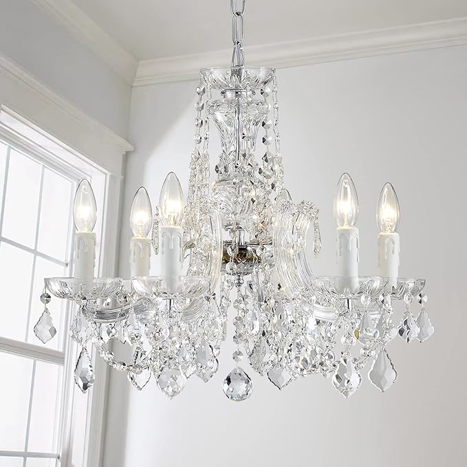 AGV LIGHTING Modern Chandelier Light Fixture, Crystal Pendant Raindrop Chandelier, Maria Theresa Silver Crystals Chandelier with 6-Lights, D20 X H18, Adjustable Chain Max 39"