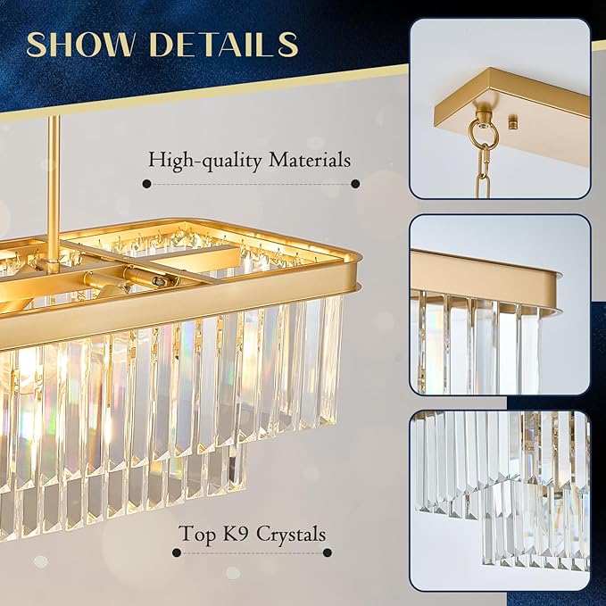 Rectangular Crystal Chandeliers K9 Luxury Gold Chandelier L33.5” Rectangle Linear Pendant Light Fixtures 11 Lights Contemporary for Kitchen Island Dining Room Living Room Bar