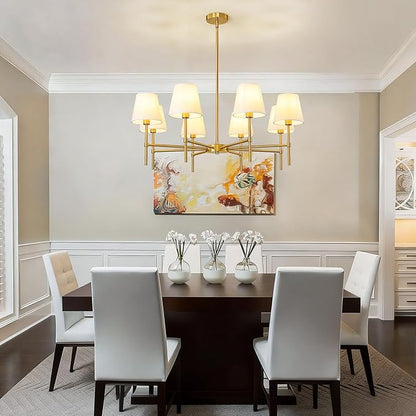 RUIYEY Dining Room Chandeliers Light - 8-Light Gold Modern Chandelier with Fabric Shade, Height Adjustable Mid Century Ceiling Lighting Fixture for Bedroom Kitchen Entryway Foyer