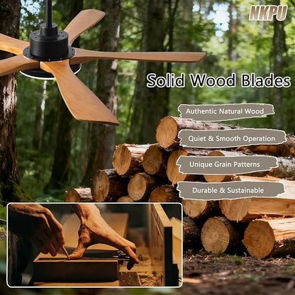 NKPU Ceiling Fans with Lights and Remote Control, 5 Solid Wood Blades, 3CCT Dimmable, 56 Inch Modern Outdoor Ceiling Fans for Bedroom Farmhouse Patios, Quiet DC Motor