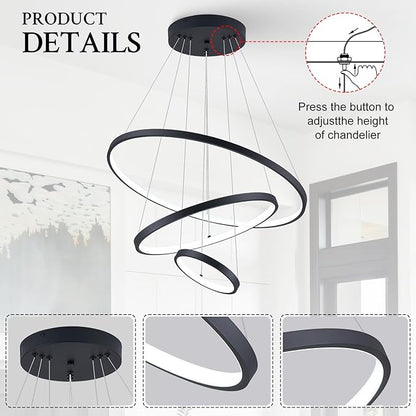 3 Ring Modern LED Chandelier Black Dimmable Round Chandeliers, LED Circular Pendant Light Fixture with Remote Control for Living Room, Dining Room, Office, Entry, Bedroom