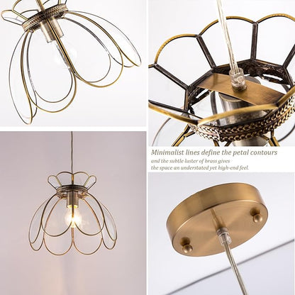 Brass Glass Ceiling Pendant Light, Hanging Chain lamp, with Vintage Lotus Flower Glass Shade for Kitchen Island Dining Room Bedroom Living Room-12 Clear Large Shade