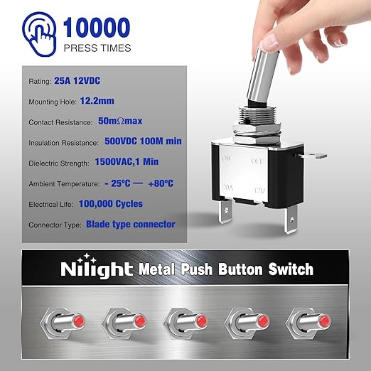 Nilight 3PCS Red LED Toggle Switches 12V 20A 3 Pin 2 Position ON Off SPST Heavy Duty Rocker Switch for Auto Car Marine RV Vehicles Truck Boat Dash