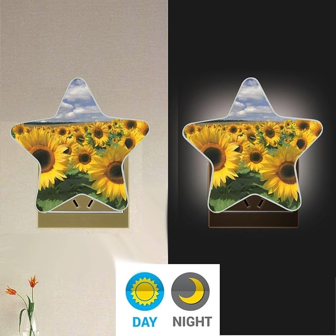 Sunflower Field Plug in LED Night Light Lamp with Dusk to Dawn Sensor for Hallway, Kitchen, Bathroom, Bedroom - Star Shaped Decor