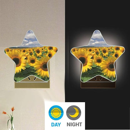 Sunflower Field Plug in LED Night Light Lamp with Dusk to Dawn Sensor for Hallway, Kitchen, Bathroom, Bedroom - Star Shaped Decor