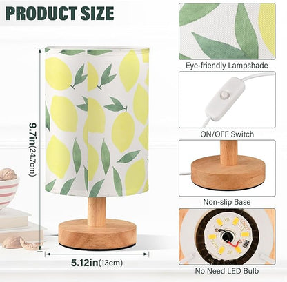 Table Lamp Watercolor Lemon and Leaf Pattern Pastel Color Fruit Print Nightstand Lamp with Wood Base Fabric Lamp Shade Bedside Desk Lamp for Living Room Bedroom Kids Room Office