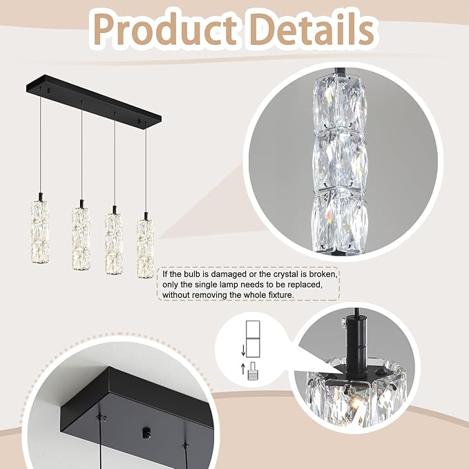 ykolupty Dining Room Light Fixture 4-Light Black Kitchen Island Lighting Industrial Linear Chandeliers for Dining Room Pendant Light Fixture for Living Room Hallway Bedroom 2700K-6000K