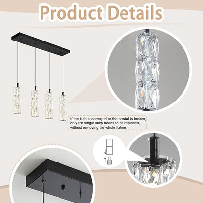 ykolupty Dining Room Light Fixture 4-Light Black Kitchen Island Lighting Industrial Linear Chandeliers for Dining Room Pendant Light Fixture for Living Room Hallway Bedroom 2700K-6000K