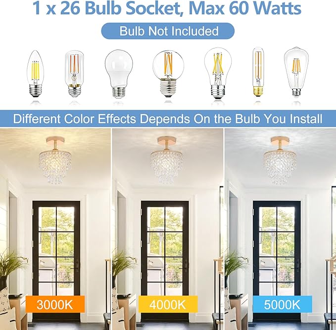 Mini Crystal Chandelier 3-Tier Raindrop Semi Flush Mount Ceiling Light Fixture Crystal Chandeliers for Bedroom Kitchen Hallway Bathroom Closet (Gold)