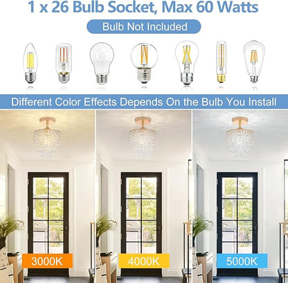 Mini Crystal Chandelier 3-Tier Raindrop Semi Flush Mount Ceiling Light Fixture Crystal Chandeliers for Bedroom Kitchen Hallway Bathroom Closet (Gold)