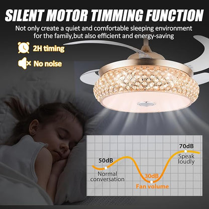 WWahuayuan 42 Inch Retractable Invisible Ceiling Fan with Light and Bluetooth Speaker, Modern Bluetooth Fan Chandelier with Remote Control 3 Color Change 36W LED