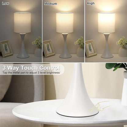 Modern Table Lamps, 3 Way Touch Control Table Lamp, Dimmable Desk Lamp, White Nightstand Lamp with Fabric Shade, Small Bedside Lamp for Living Room, Dorm,Home Office, LED Bulb Included