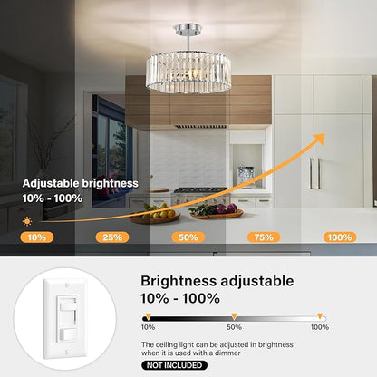 YURNYQ Chrome Crystal Ceiling Light Fixture, Modern Semi Flush Chandelier, Round Hanging Lighting Chandeliers for Dining Room, Kitchen, Bedroom, 3-Light, 15.74 Inch
