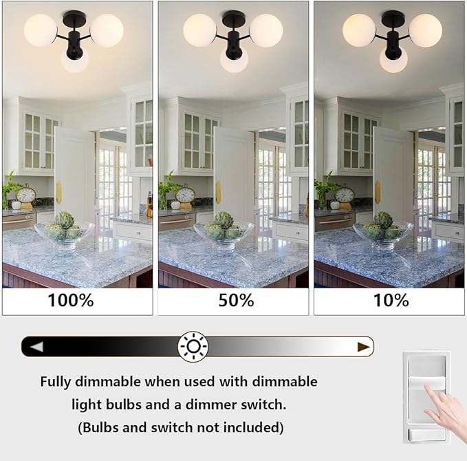 Black Semi Flush Mount Ceiling Light Mid Century Modern Globe Ceiling Light 3 Lights Milk Glass Sputnik Flush Mount Chandelier for Bedroom Dinning Room Foyer Hallway