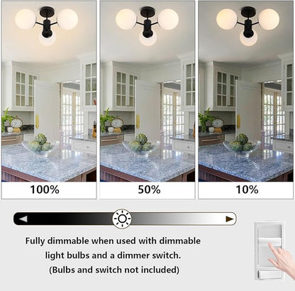 Black Semi Flush Mount Ceiling Light Mid Century Modern Globe Ceiling Light 3 Lights Milk Glass Sputnik Flush Mount Chandelier for Bedroom Dinning Room Foyer Hallway