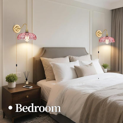 ZECOXOL Vintage Plug in Wall Sconces Set of Two, Glass Wall Sconces Lamps with Flower Lampshade & Dimmable Plug in Cord, Dimmable Sconces Wall Decor Set of 2 Plug in Wall Lights Sconces for Bedroom