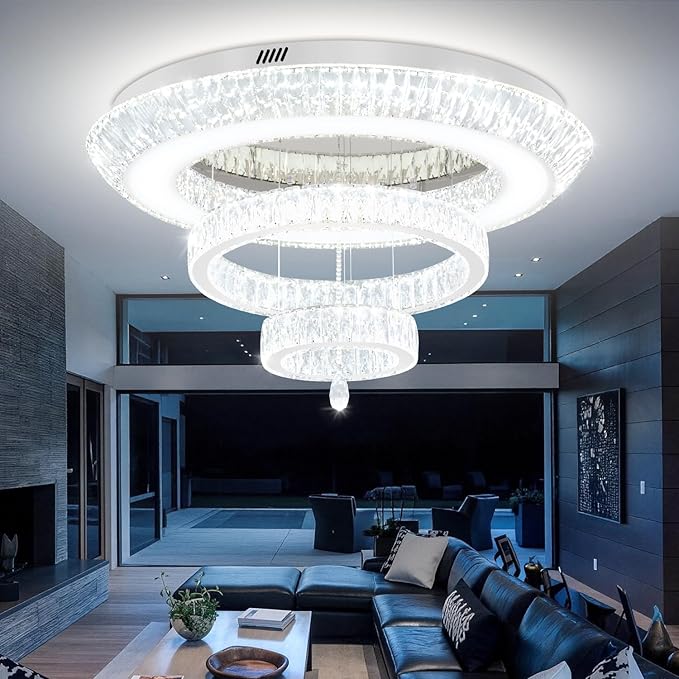 Modern Large Ring Crystal Chandelier Modern Luxury Chrome Crystal Ceiling Lights Fixture for Dining Living Room D40 Inch 3-Tier Raindrop Chandeliers LED Dimmable Lighting