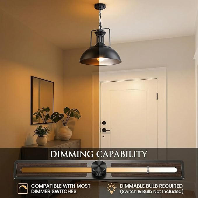 Industrial Dome Pendant Light Fixture, Farmhouse Barn Hanging Ceiling Lighting for Kitchen Island, Dining Room, Matte Black Metal