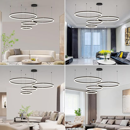 Mikeru Modern 4 Ring Chandelier Light, LED Pendant Light Fixtures with Remote Control 3000k-6500K Adjustable Color Temperature Light for Living Room, Bedroom, Kitchen