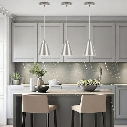 Industrial Pendant Lights, Brushed Nickel Pendant Light Fixtures, Vintage Kitchen Island Lights with Metal Shade, Farmhouse Pendant Lights for Dinning Table Bedroom Bar - Nickel, 3 Packs