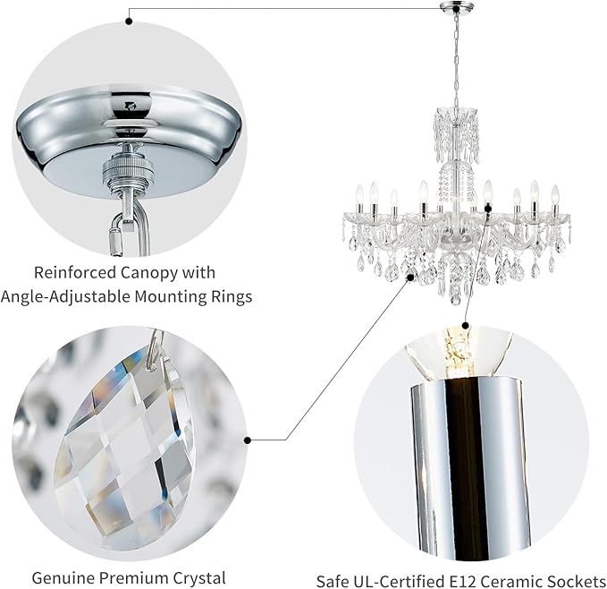 WUZUPS 10-Light Crystal Candle Chandelier Pendant Ceiling Light Modern Lighting Fixture for Bedroom Hallway Bar Kitchen Bathroom, H 26.7" W 33.9", E12 Base, Chrome