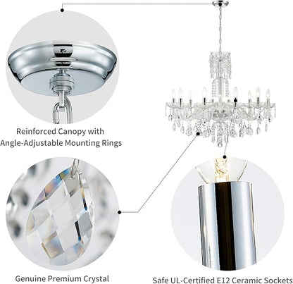 WUZUPS 10-Light Crystal Candle Chandelier Pendant Ceiling Light Modern Lighting Fixture for Bedroom Hallway Bar Kitchen Bathroom, H 26.7" W 33.9", E12 Base, Chrome