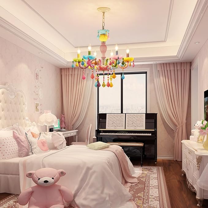 6-Light Children Crystal Chandeliers, Modern Design Rainbow Colorful Pendant Light Fixture for Bedroom, Dining Room, D23×H33~71 inch(Adjustable Height), Macaron Color Finish & K9 Crystal