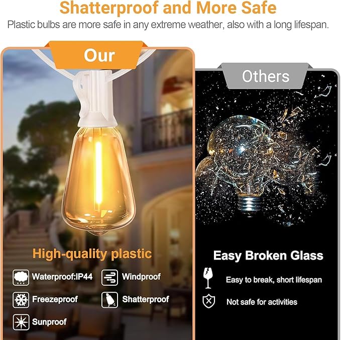 LAMPHOME 4-Pack 26FT Outdoor Patio Lights, 2700K Warm White String Lights 12+1 LED Waterproof Shatterproof Edison Bulbs, Dimmable with Timer for Garden Backyard Yard Hanging Lighting