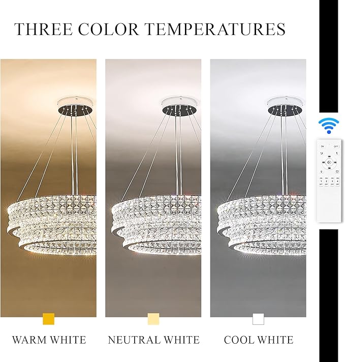 24’’ Crystal LED Chandelier 2-Tier with Remote Control Dimmable 3000-6500K Contemporary Luxury Chandeliers Modern Chrome Light Fixture for Dining Living Room Kitchen Island Foyer Entryway