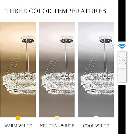 24’’ Crystal LED Chandelier 2-Tier with Remote Control Dimmable 3000-6500K Contemporary Luxury Chandeliers Modern Chrome Light Fixture for Dining Living Room Kitchen Island Foyer Entryway