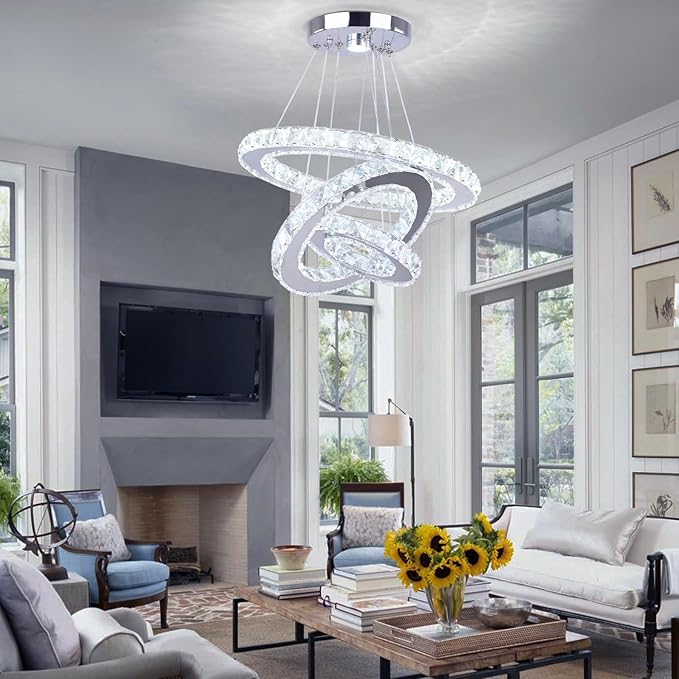 Modern 3 Ring Round Crystal Chandelier Adjustable Stainless Steel Pendant Lighting LED Crystal Ceiling Light Fixture for Living Room Dining Room Bedroom Cool White