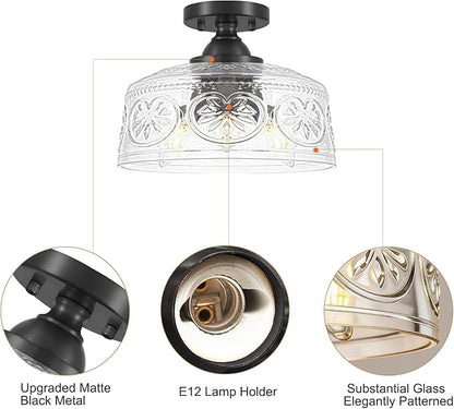 11.4In Vintage Black Semi Flush Mount Ceiling Light Fixture, 3-Light Hallway Light Fixture with Thickened Glass, Close to Ceiling Light for Kitchen, Entryway, Foyer, E12