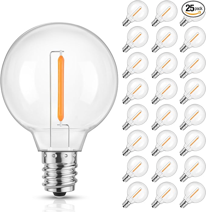 Mlambert G40 Replacement LED Light Bulbs, Waterproof Clear Globe Bulbs fits E12 Candelabra Bulb Base, 1W Equvalent to 5W Incandescent Bulb for Indoor Outdoor Patio String Lights, Amber Warm，25 Pack