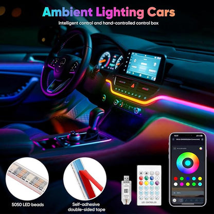 5 in 1 Acrylic LED Lights for Car, RGB Ambient Lighting Car LED Lights Interior with 16 Million Colors, Music Sync,App & USB & Remote Control Interior Car Lights for Dashboard Decorations.