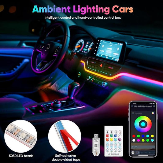 5 in 1 Acrylic LED Lights for Car, RGB Ambient Lighting Car LED Lights Interior with 16 Million Colors, Music Sync,App & USB & Remote Control Interior Car Lights for Dashboard Decorations.