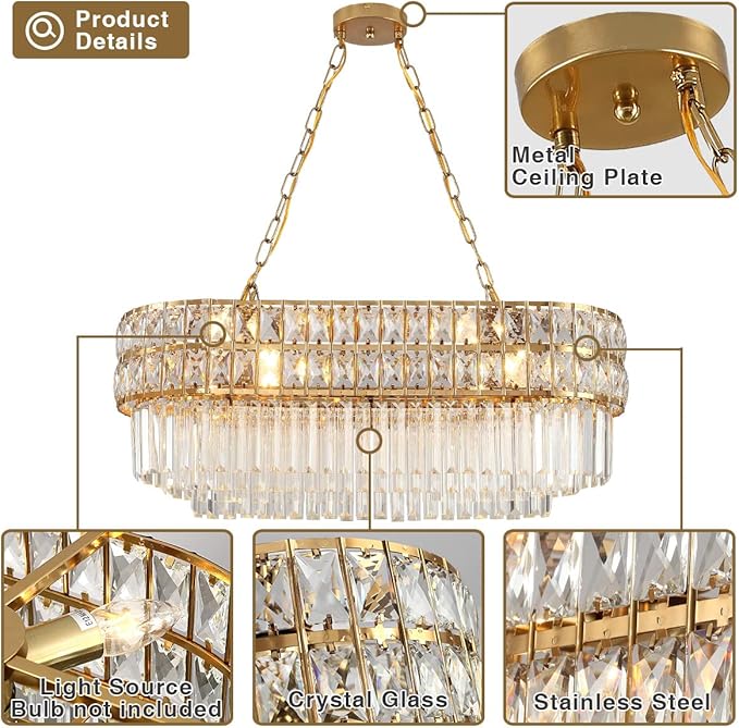 Modern Crystal Chandelier Gold Finish Light Fixture, Oval Crystal Pendant Light Hanging Lamp, for Living Room, Dining Room, Restaurant, E12 x 8, 29.5 x 13 inch