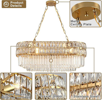 Modern Crystal Chandelier Gold Finish Light Fixture, Oval Crystal Pendant Light Hanging Lamp, for Living Room, Dining Room, Restaurant, E12 x 8, 29.5 x 13 inch
