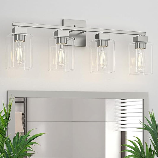 4 Light Bathroom Vanity Light - Brush Nickel Matte Vanity Lights Square Design & UL Certification & Square 26” Silver Bathroom Lights Fixture Over Mirror, Brush Nickel Light for Bedroom