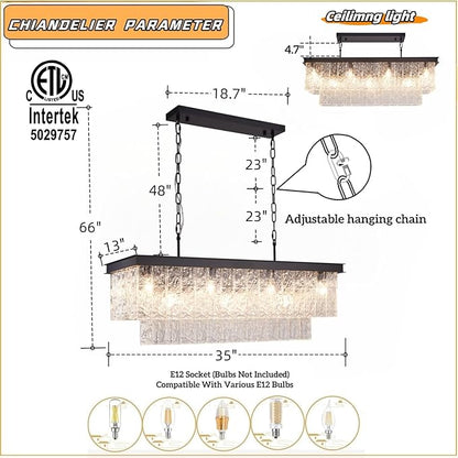 Kitchen Island Chandelier Black Rectangular, 35.4 Inch 11-Light E12 Modern Dining Room Chandelier, Water Ripple Glass Adjustable Height Hanging Ceiling Light Fixture