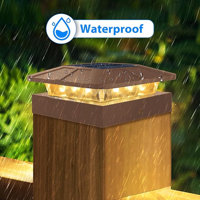 Peasur 12 Packs 4x4 Solar Post Cap Lights with 3 Lighting Modes, Brown Fence Caps Light Fits 4×4/3.5×3.5 Wood/Vinyl Posts, Waterproof Outdoor Post Top Lighting for Deck Mailbox Porch Railing