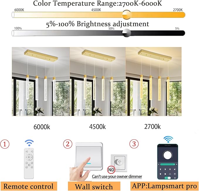 Modern Crystal Column Chandelier for Living Room Dining Room 4-Lights Gold Dimmable LED Adjustable Height Hanging Pendant Light for Kitchen Island,Bedroom,Over Table,