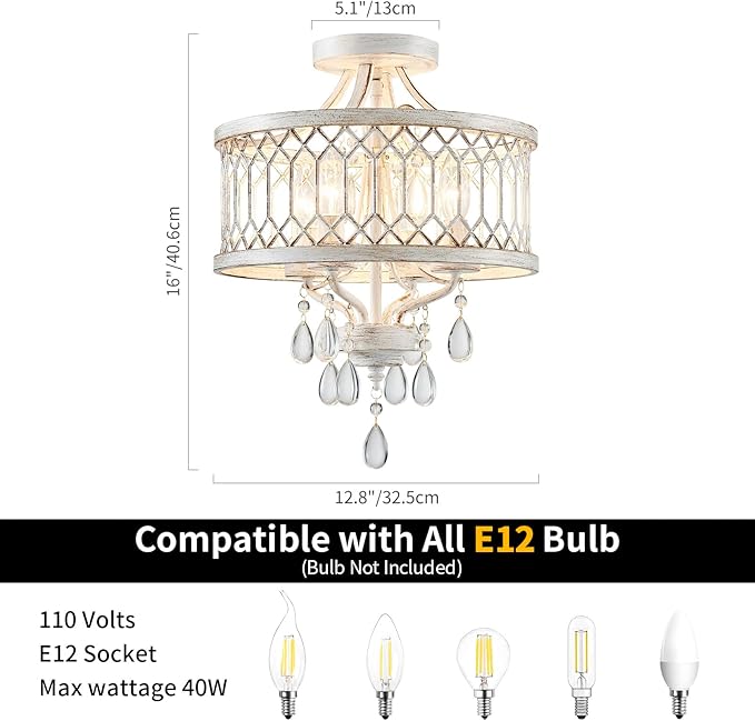 Crystal Ceiling Light Fixture, Modern Semi Flush Mount Ceiling Light, Farmhouse Crystal Chandeliers for Dining Room Light Fixture, Hallway Lighting Fixtures for Kitchen Bedroom Bathroom Foyer Entryway