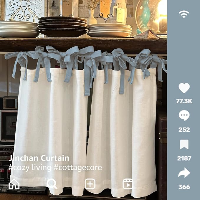 jinchan Linen Tie Top Curtains 36 Inch Length Farmhouse Cafe Curtains Set of 2 for Bedroom Bathroom Rustic Small Windows Light Filtering White Panels with Blue Ties