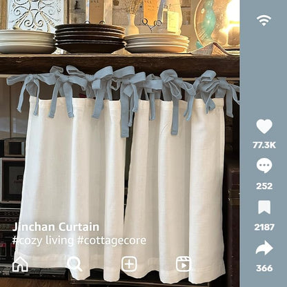 jinchan Linen Tie Top Curtains 36 Inch Length Farmhouse Cafe Curtains Set of 2 for Bedroom Bathroom Rustic Small Windows Light Filtering White Panels with Blue Ties