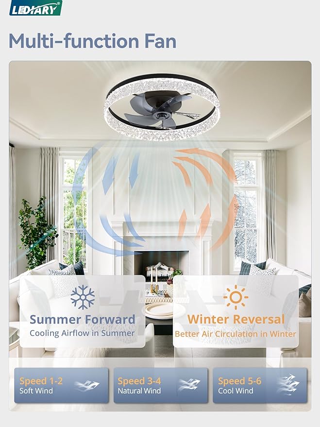 LEDIARY 22 Inch Ceiling Fans with Lights and Remote, Fandelier Low Profile Ceiling Fan, 3000K-6000K Dimmable Flush Mount LED Fan Light, Black Modern Ceiling Fans with Lights for Bedroom