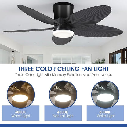 Surtime Palm Leaf Ceiling Fans with Lights-42 Tropical Ceiling Fan with Light and Remote/APP Control,Flush Mount Low Profile Black Ceiling Fans for Bedroom,Indoor/Outdoor Patio Use
