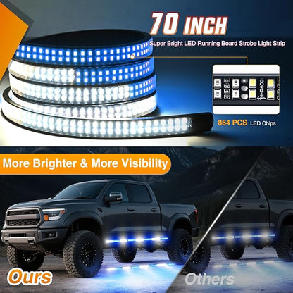 Nilight 2PCS 70 Inch Emergency Strobe Light Strip with Controller 864 LED Blue White Running Board Lights Flexible Side Flashing Warning Caution Safety Waterproof for Truck Construction Pickup